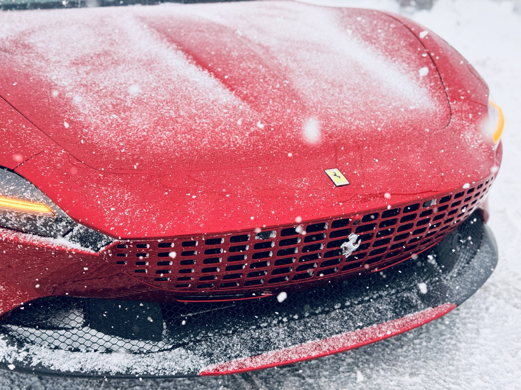 Red color PPF on a sports car in winter conditions